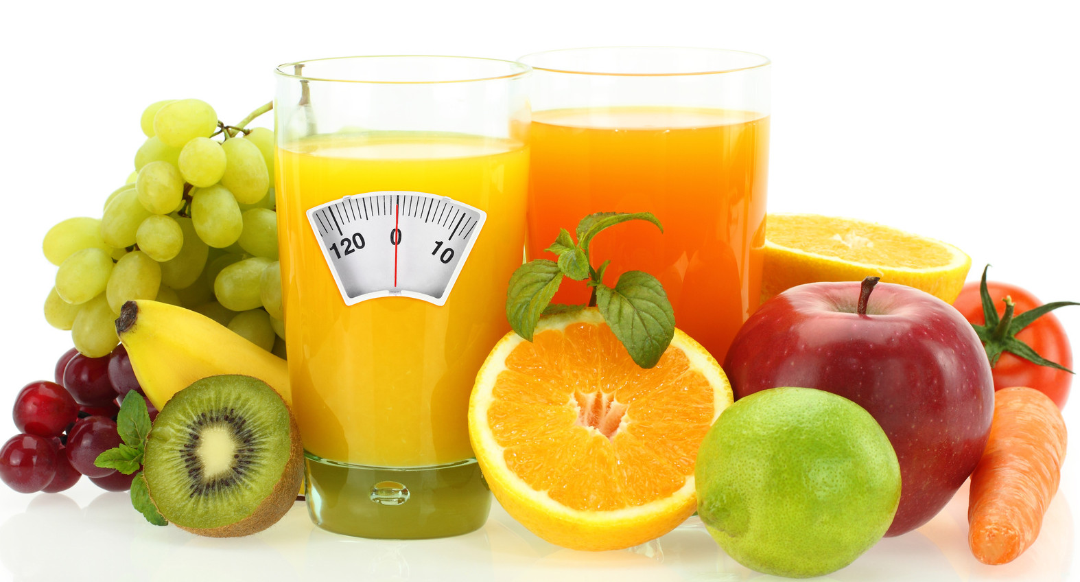 Diet and healthy eating. Fruits, vegetables and juice on white